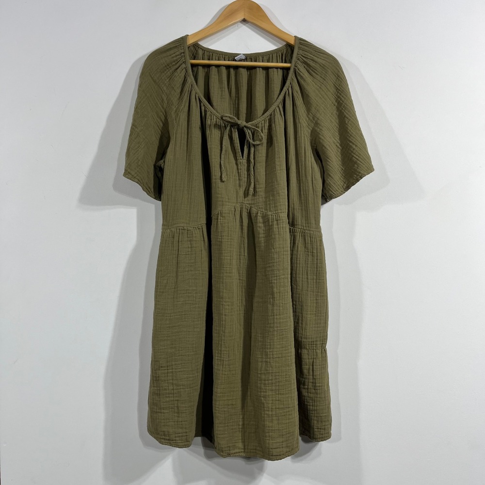 Old Navy Boho Granola Olive Green Cotton Gauze Tiered Dress Dark Cottagecore L